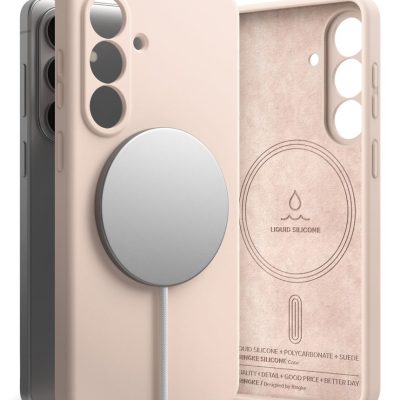 Rausvas silikoninis Samsung Galaxy S26 dėklas su MagSafe, matomas išorė ir vidus