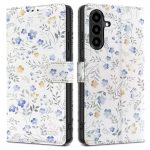 Gėlių atverčiamas dėklas Samsung Galaxy A57 5G Tech-Protect Wallet, baltas su mėlynais ir geltonais žiedais