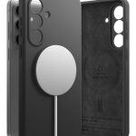 Juodas dėklas Samsung Galaxy S26 Plus su Ringke Silicone Magnetic Magsafe, matomas sidabro magnetinis diskas ant nugaros