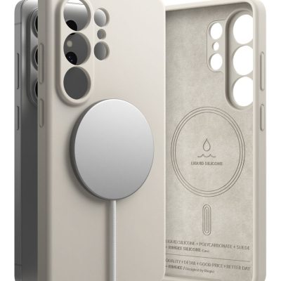 Akmens spalvos dėklas Samsung Galaxy S26 Ultra Ringke Silicone Magnetic Magsafe su MagSafe žiedu, matomas iš skirtingų kampų