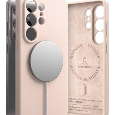 Rausvas dėklas Samsung Galaxy S26 Ultra su magnetiniu Magsafe žiedu, silikoninis dizainas