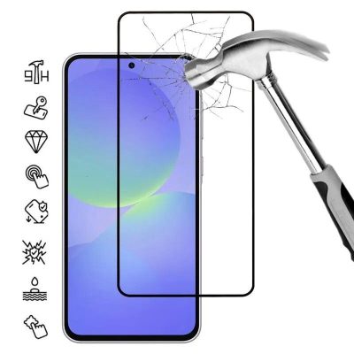 Samsung A376 A37 5G juodos spalvos apsauginis stikliukas, plaktuko smūgiu demonstruojamas virš ekrano