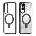 Skaidrus dėklas su juodu rėmu ir dideliu apskrito laikiklio įtaisu ant nugaros, matomas bangų raštas.