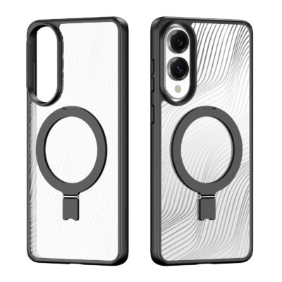 Skaidrus dėklas su juodu rėmu ir dideliu apskrito laikiklio įtaisu ant nugaros, matomas bangų raštas.