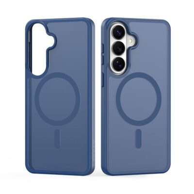 Tamsiai melynas detteklas Samsung S942 S26 su MagSafe ziedu, vaizduojamas is abieju puses.