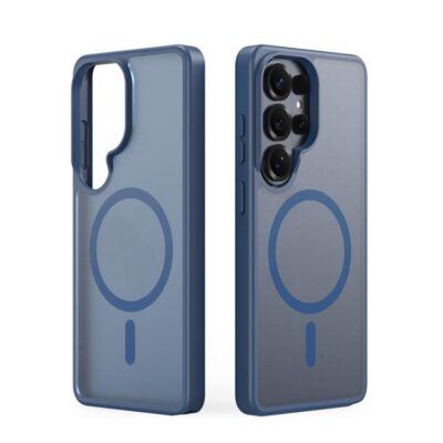 Tamsiai melynas dėklas su MagSafe žiedu ant nugaros, matomas iš abiejų pusių