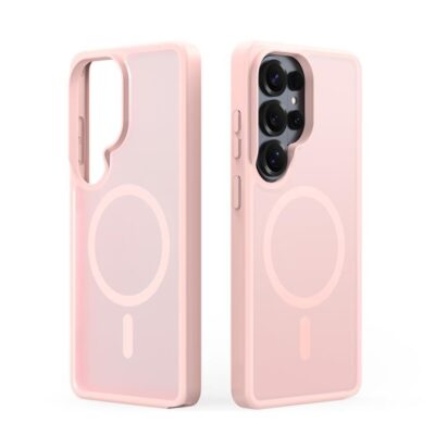 Rozinis deklas Samsung S948 S26 Ultra su Magsafe, matomas is priekio ir nugaros su dideliu apvaliu ziedu.