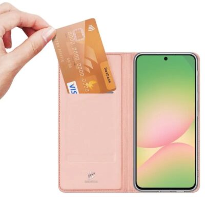 Rozinis-auksinis atverciamas deklas Samsung A576 A57 5G su korteliu kisete ir telefonu