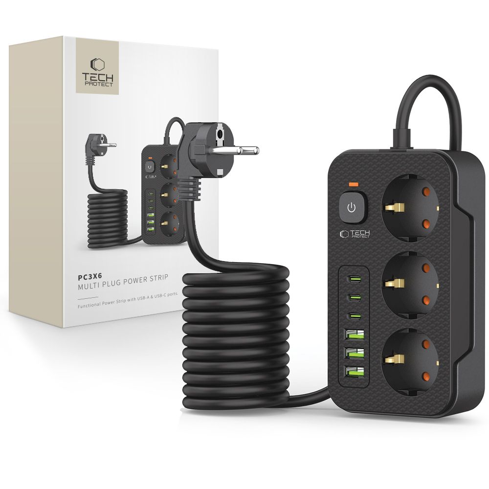 Juodas buitinis prailgintuvas TECH-PROTECT PC3X6 Juodas buitinis prailgintuvas TECH-PROTECT PC3X6 su 3 lizdais ir USB bei Type-C jungtimis