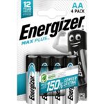 Energizer Max Plus AA 4 vnt baterijų pakuotė; matomos keturios juodos cilindrinės baterijos su baltu Energizer logotipu.
