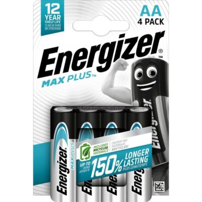 Energizer Max Plus AA 4 vnt baterijų pakuotė; matomos keturios juodos cilindrinės baterijos su baltu Energizer logotipu.