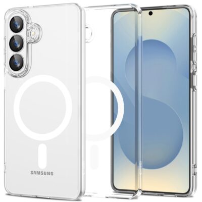 Skaidrus dėklas Samsung Galaxy S26 Tech-Protect FlexAir Magsafe su apvaliu laikikliu nugaroje, matomi kameros lęšiai.