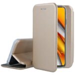 Auksinis atverčiamas dėklas Samsung A376 A37 5G Book Elegance, atverstas kaip stovas, matomas telefono ekranas.