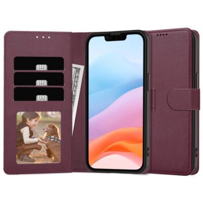 Bordo spalvos atverciamas deklas Samsung S947 S26 Plus Wallet Fancy su korteliu kišenemis ir nuotrauku langu.