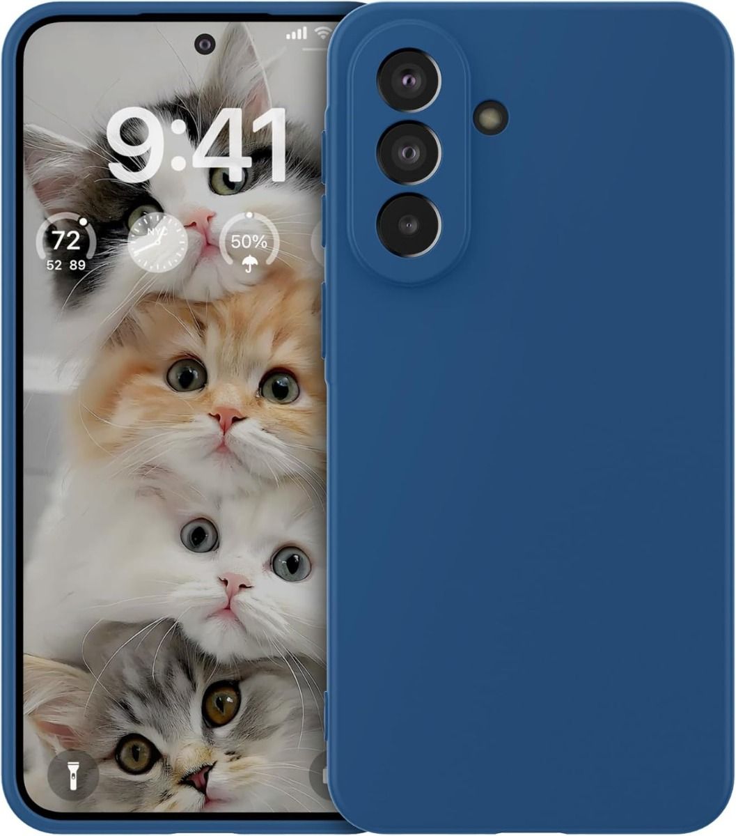 Tamsiai mėlynas dėklas Samsung A376 A37 5G Liquid Silicone Tamsiai mėlynas dėklas Samsung A376 A37 5G uždengia nugarą, matomas kamerų blokas; ekrane matomi katinėliai.