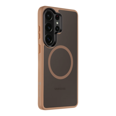 Moucha Moose deklas Samsung Galaxy S26 Ultra Tactical MagForce Hyperstealth, rudas rėmas ir skaidrus galinis dangtis su apskritu motyvu