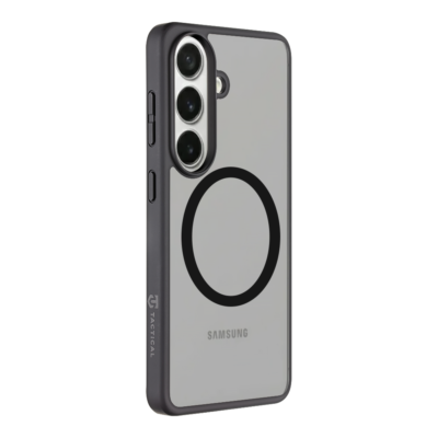 Asphalt deklas Samsung Galaxy S26 su juodu rėmeliu ir dideliu juodu apskritimu nugaros