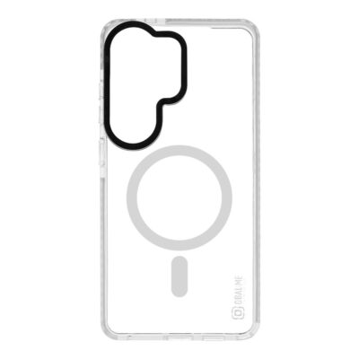 Skaidrus dėklas Samsung Galaxy S26 Ultra su juoda kameros apsaugos kontūra viršuje ir dideliu pilku šauktuko simboliu, MagNetix Bumper