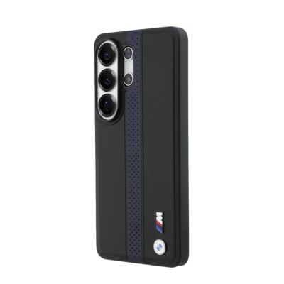 Mėlynas dėklas BMW M PU Leather su perforuota juosta ir metaliniu logotipu, skirtas Samsung Galaxy S26 Ultra