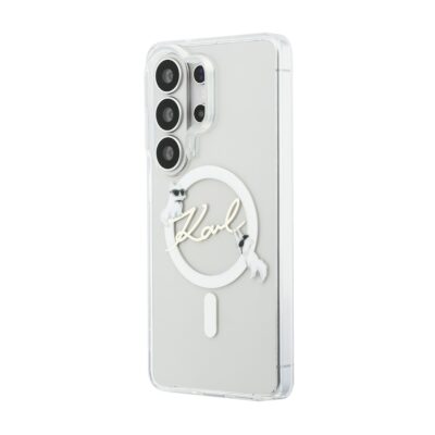 Skaidrus dėklas su Karl Lagerfeld logotipu ir dviejų baltais katinukų figūrėlėmis, magnetinis laikiklis, skirtas Samsung Galaxy S26 Ultra