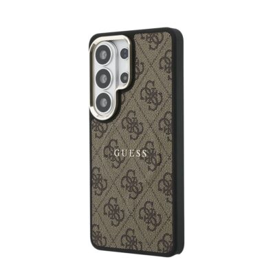 Rudas dėklas Samsung Galaxy S26 Ultra su aukso rėmeliu kameros vietai ir Guess monogramine tekstūra