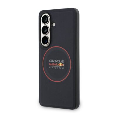 Tamsiai melynas deklas Samsung Galaxy S26 su Red Bull Racing motyvu, matinis pavirsius ir raudonas apskritas uzrasas