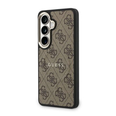 Rudas dėklas telefonui Samsung Galaxy S26 su Guess PU Leather 4G Gold Frame Magnetic dizainu.