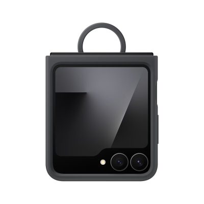 Juodas originalus dėklas EF-PF741TBE Silicone Cover with Ring telefonui Samsung Galaxy Z Flip 7 FE su apvaliu žiedu viršuje