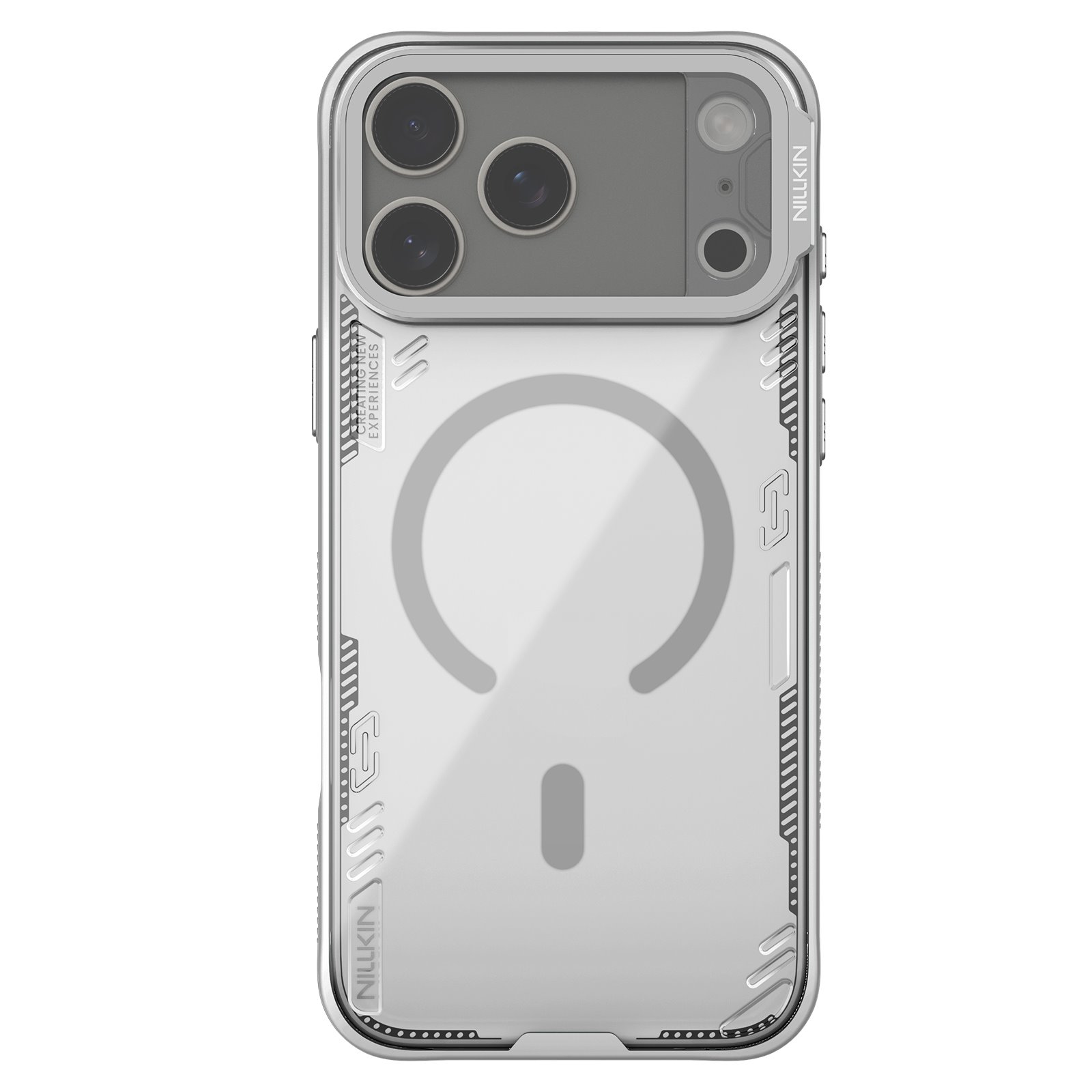 Pilkas dėklas Apple Iphone 17 Pro Max Nillkin Iceblade Prop Magnetic Pilkas dėklas Apple Iphone 17 Pro Max Nillkin Iceblade Prop Magnetic su permatomu dizainu ir kamera