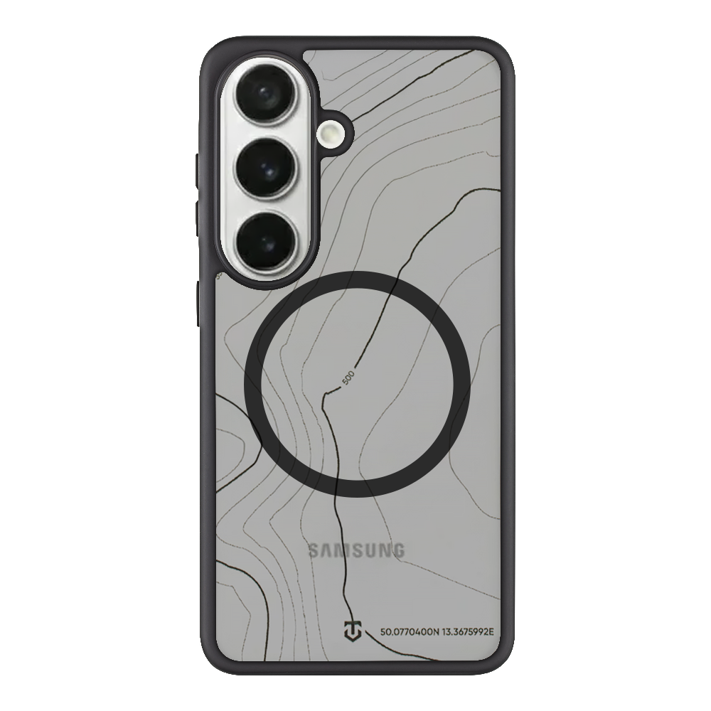 Asphalt detklas Samsung Galaxy S26 Tactical MagForce Hyperstealth Sika Asphalt detklas Samsung Galaxy S26 su pilku topografiniu kontūrų dizainu ir juodu apskritimu