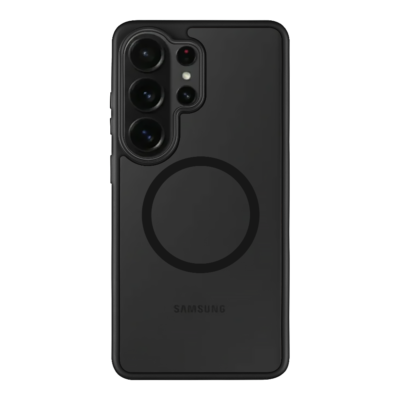 Juodas mobiliojo telefono dėklas su dideliu centrinio žiedo formos elemento ir viršuje matoma kamera