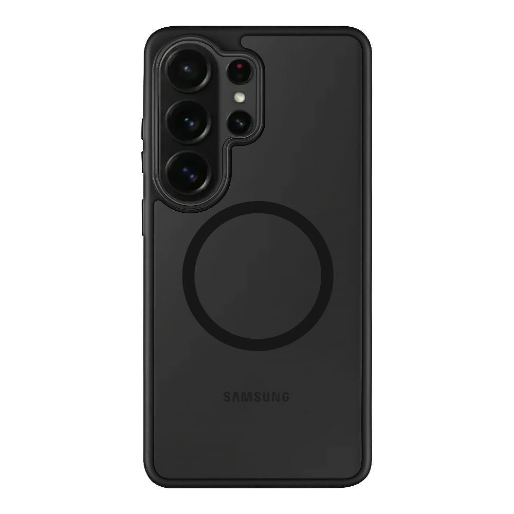Asphalt dėklas Samsung Galaxy S26 Ultra Tactical MagForce Hyperstealth Juodas mobiliojo telefono dėklas su dideliu centrinio žiedo formos elemento ir viršuje matoma kamera