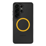 Juodas-geltonas dėklas Samsung Galaxy S26 Ultra su geltonu apskritimu ant nugaros ir kameros moduliu viršuje