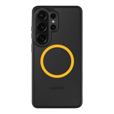 Juodas-geltonas dėklas Samsung Galaxy S26 Ultra su geltonu apskritimu ant nugaros ir kameros moduliu viršuje