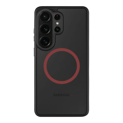 Juodas raudonas dėklas Samsung Galaxy S26 Ultra su dideliu kamera moduliu ir raudonu apskritimu