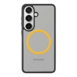 Juodas-geltonas dėklas Samsung Galaxy S26 su geltono žiedo dekoru ir matomu kameros moduliu