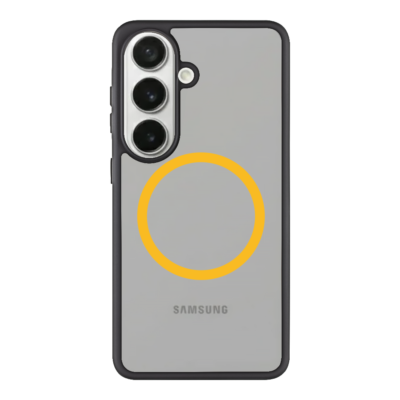 Juodas-geltonas dėklas Samsung Galaxy S26 su geltono žiedo dekoru ir matomu kameros moduliu