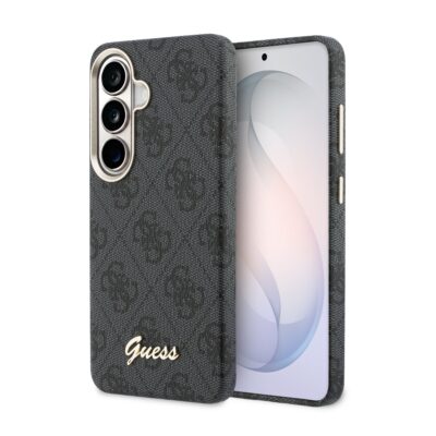 Juodas dėklas su Guess monograma ir PU tekstūra, skirtas Samsung Galaxy S26
