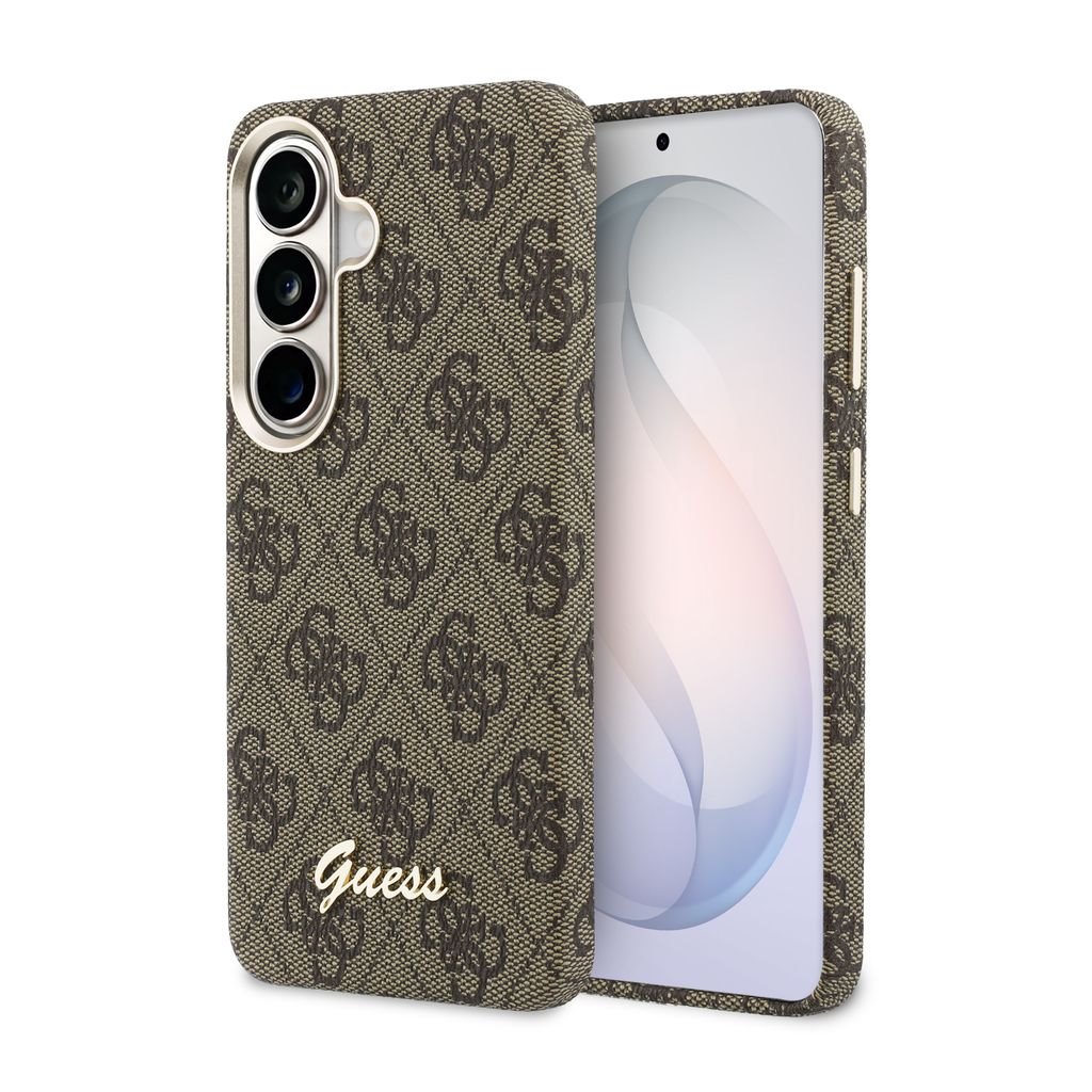 Rudas Guess dėklas Samsung Galaxy S26 Rudas tekstuotas dėklas su Guess logotipu ir trijų kamerų moduliu Samsung Galaxy S26
