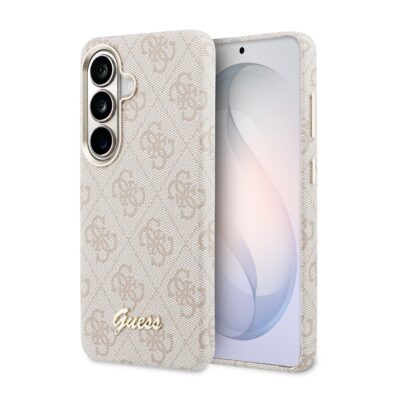 Smėlio spalvos dėklas Guess PU 4G Script Metal Logo Magnetic telefonu Samsung Galaxy S26