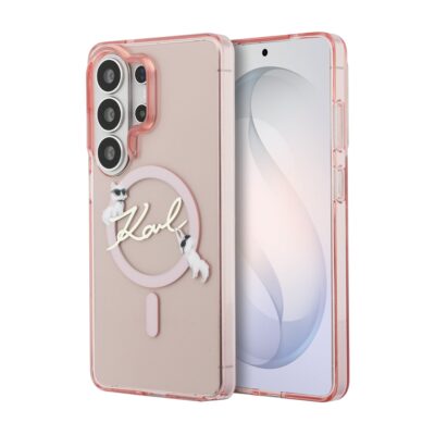 Rausvas magnetinis telefono deklas su Karl Lagerfeld IML Choupette Karl Script Logo ir apvaliu laikikliu