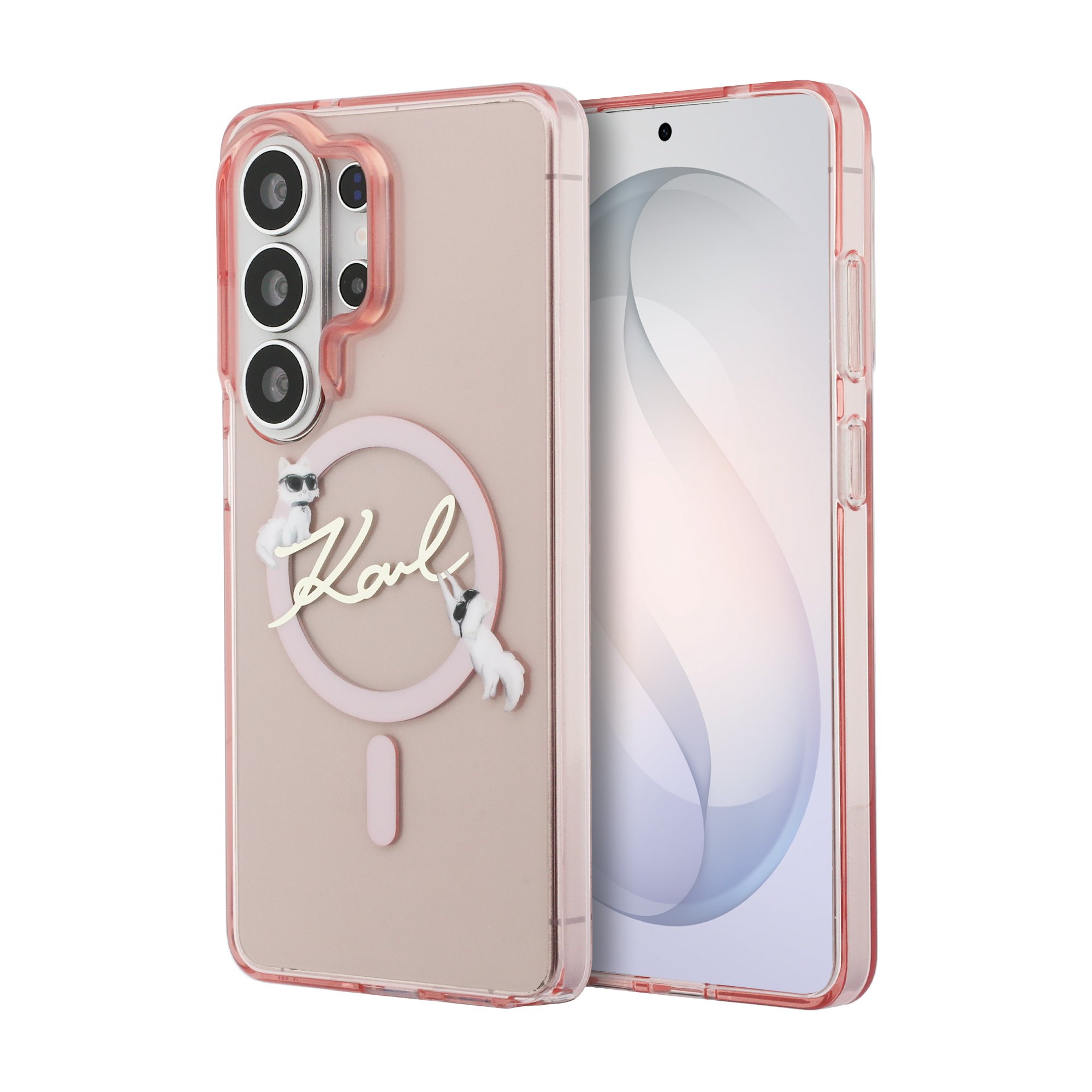 Rausvas Karl Lagerfeld IML Choupette Karl Script Logo Magnetic Deklas Samsung Galaxy S26 Ultra Rausvas magnetinis telefono deklas su Karl Lagerfeld IML Choupette Karl Script Logo ir apvaliu laikikliu