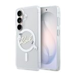 Skaidrus telefonio deteklis Samsung Galaxy S26 su Karl Lagerfeld IML Choupette logotipu ir magnetiniu laikikliu.