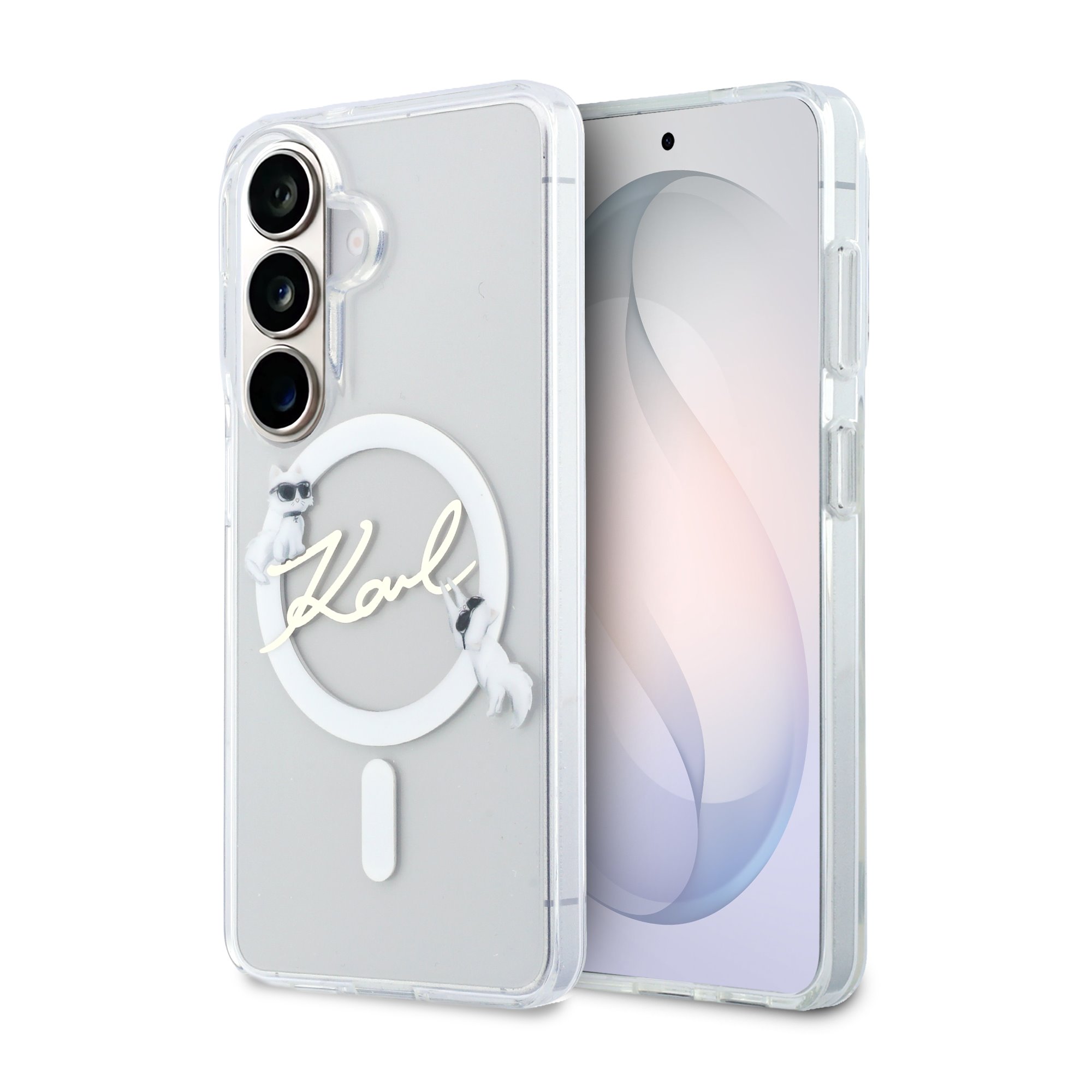 Skaidrus Karl Lagerfeld IML Choupette Karl Script Logo Magnetinis dėklas Samsung Galaxy S26 Skaidrus telefonio deteklis Samsung Galaxy S26 su Karl Lagerfeld IML Choupette logotipu ir magnetiniu laikikliu.