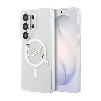 Skaidrus telefoninis dėklas su Karl Lagerfeld logotipu ir magnetine laikymo kilpa, matomos balto kailio katės ant kilpos