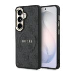 Juodas dėklas telefonui Samsung Galaxy S26 su tekstūruotu paviršiumi ir GUESS logotipu