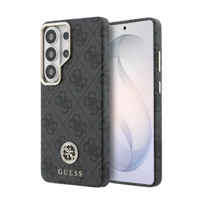 Juodas Guess dėklas iš PU odos su monogramos raštu ir aukso spalvos kameros rėmeliu.