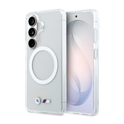 Skaidrus dėklas su BMW M IML Metal logotipais ir magnetiniu laikikliu, skirtas Samsung Galaxy S26