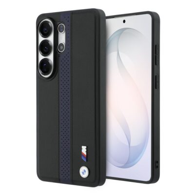 Juodas dėklas telefonu su mėlyna perforuota juosta ir BMW M logotipu Samsung Galaxy S26 Ultra
