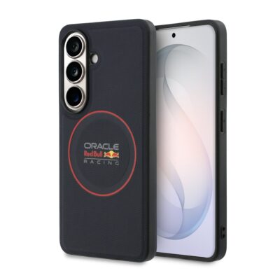 Tamsiai melynas deklas su raudonu apvaliu ziedu su Red Bull Racing logotipu ant nugaros